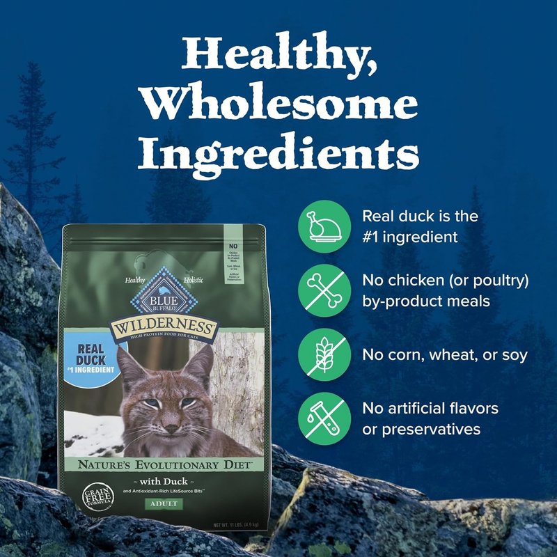 Alimentation sèche pour chats pour adultes - Blue Wilderness - Recette de canard sans céréales