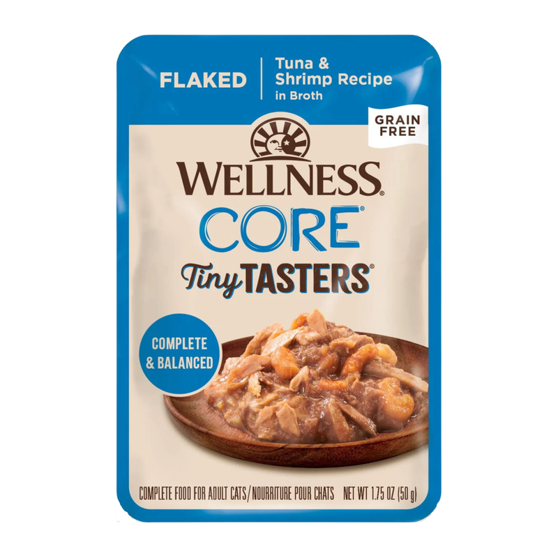 Nourriture pour chats humides - Core Tiny Tâtres - Flaked - Thon & Shrimp Recette in Broth - 1,75 oz Socle