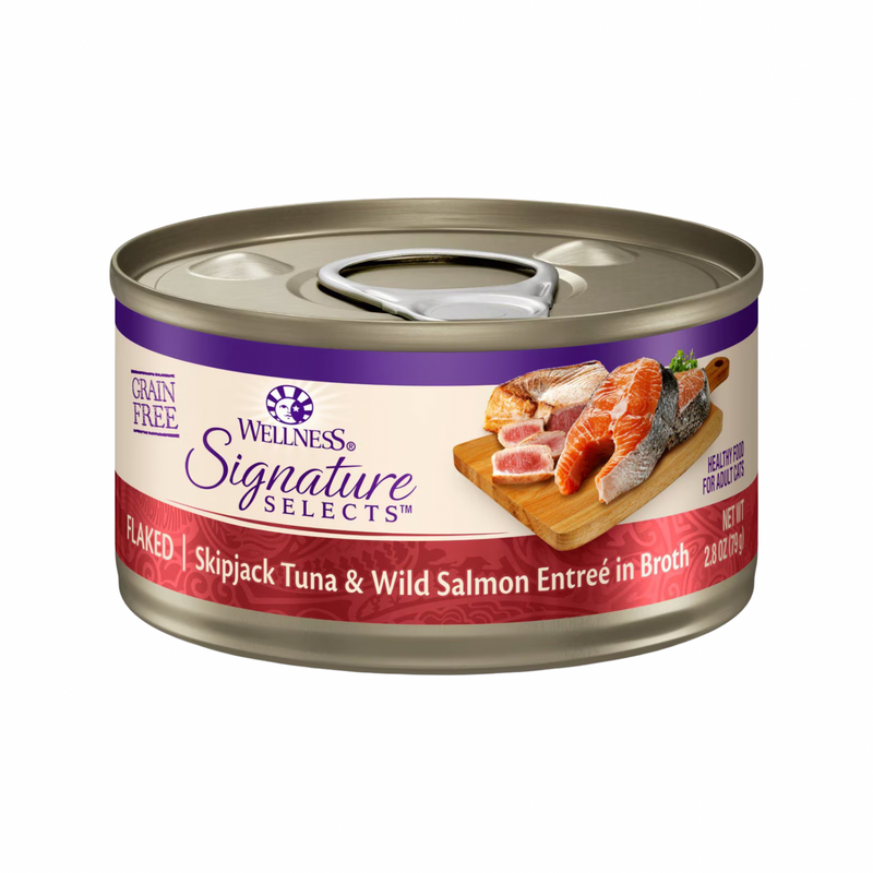 Nourriture pour chats en conserve - Sélection de la signature de base - Tuna Skipjack en flocute et saumon sauvage dans le bouillon