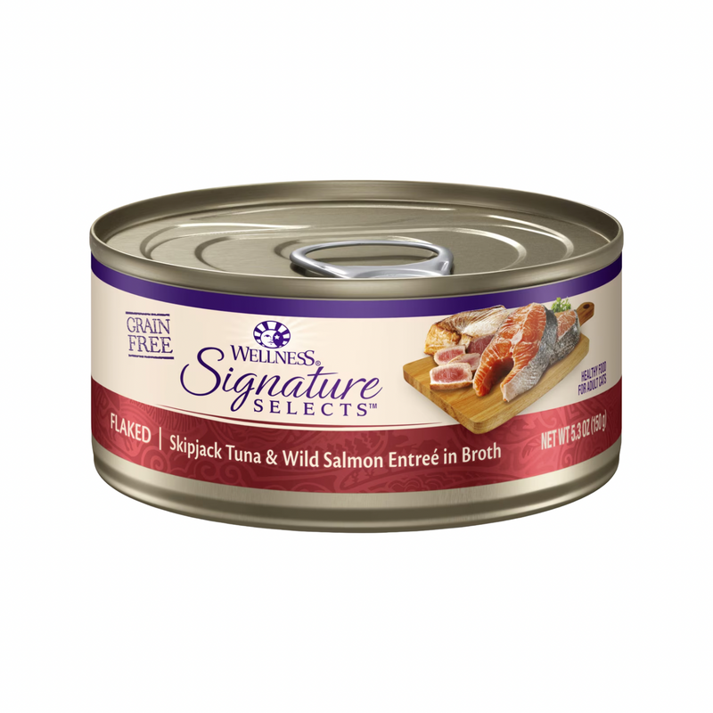 Nourriture pour chats en conserve - Sélection de la signature de base - Tuna Skipjack en flocute et saumon sauvage dans le bouillon