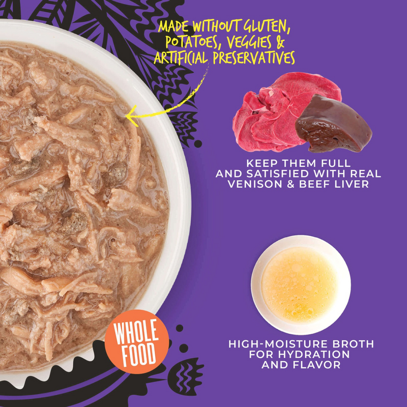 Canned Cat Food - AFTER DARK SHREDS - Venison & Beef Liver Recipe in Broth
