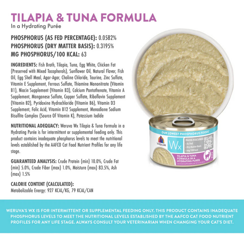 Canned Cat Food Supplement - Wx Phos Focused - Tilapia & Tuna Formula in a Hydrating Purée
