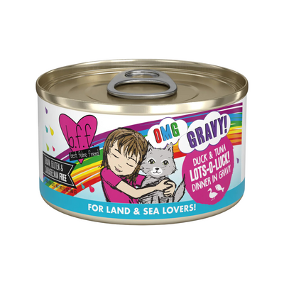 Nourriture pour chats en conserve - BFF OMG, LOT-O-LUCK!, Dîner du canard et du thon à Gravy - 2,8 oz