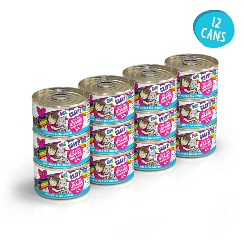Nourriture pour chats en conserve - BFF OMG, LOT-O-LUCK!, Dîner du canard et du thon à Gravy - 2,8 oz