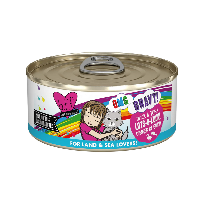 Nourriture pour chats en conserve - BFF OMG, LOT-O-LUCK!, Dîner du canard et du thon à Gravy - 2,8 oz