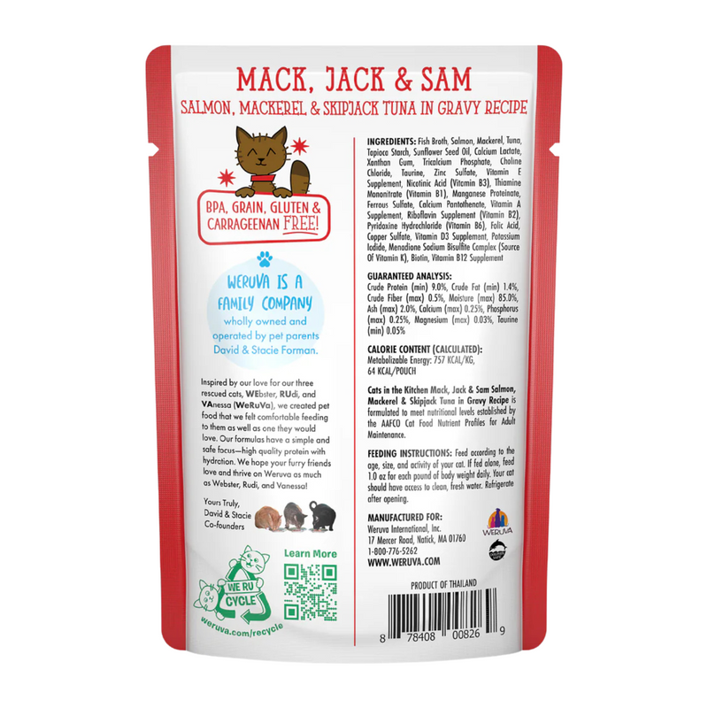 Chat Pouch - Chats dans la cuisine - Mack, Jack & Sam - Saumon, Maquereau et Skipjack Tuna à la sauce - 3 oz