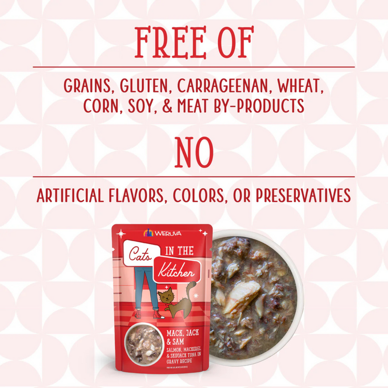 Chat Pouch - Chats dans la cuisine - Mack, Jack & Sam - Saumon, Maquereau et Skipjack Tuna à la sauce - 3 oz