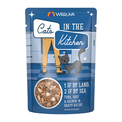 Pochette de chat - chats dans la cuisine - 1 si par terre, 2 si par mer - thon, boeuf et saumon à la sauce - 3 oz