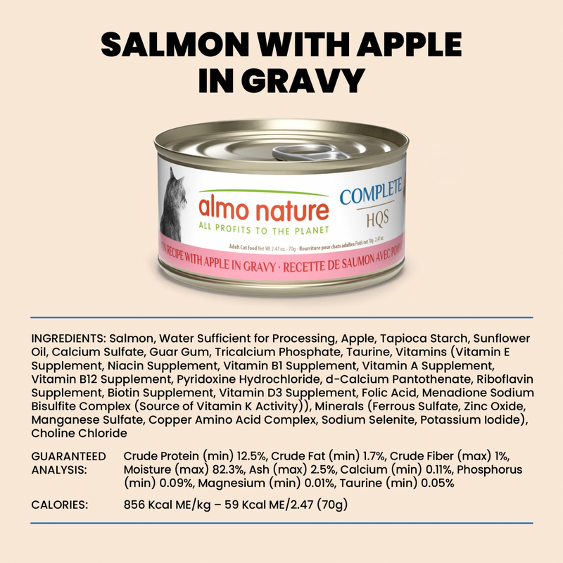 Canned Cat Food - Complete HQS - Salmon Recipe with Apple in Gravy - Adult