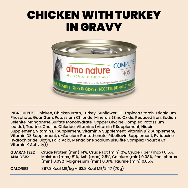 Canned Cat Food - Complete HQS - Chicken Recipe with Turkey in Gravy - Adult