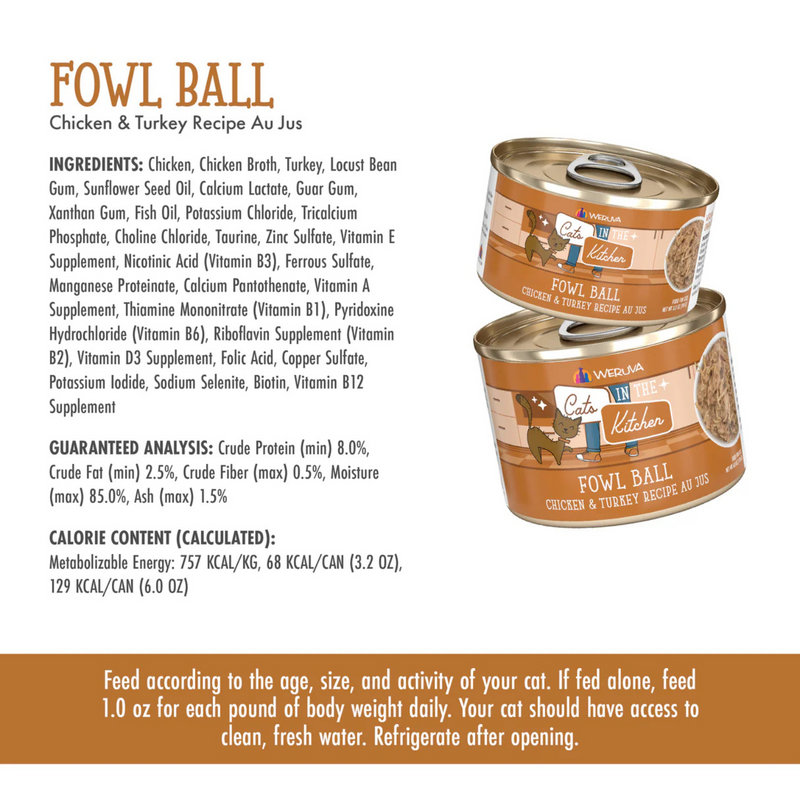 Canned Cat Food - Cats in the Kitchen - Fowl Ball - Chicken & Turkey Recipe Au Jus