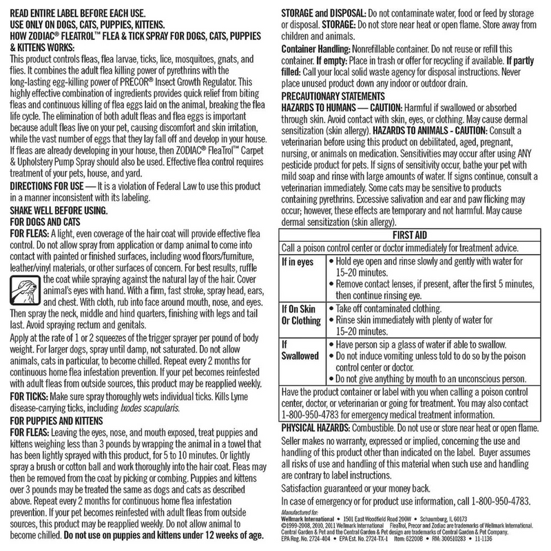 DUAL ACTION Flea & Tick Spray For Cat & Kitten - with PRECOR® Insect Growth Regulator (IGR)