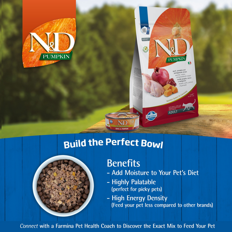 Alimentation sèche pour chats - N&D - Pumpkin - caille, citrouille et grenade - adulte