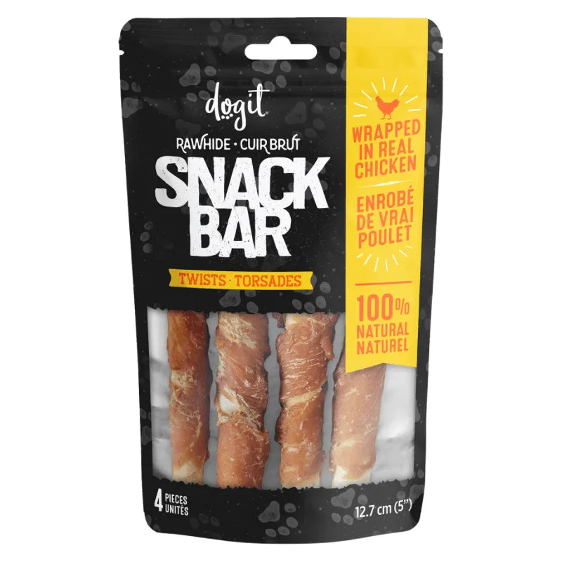 *(Best By 2024-11-14)* Dog Chewing Treat - SNACK BAR, Rawhide Chicken-Wrapped Twists, 5" - 4 pcs