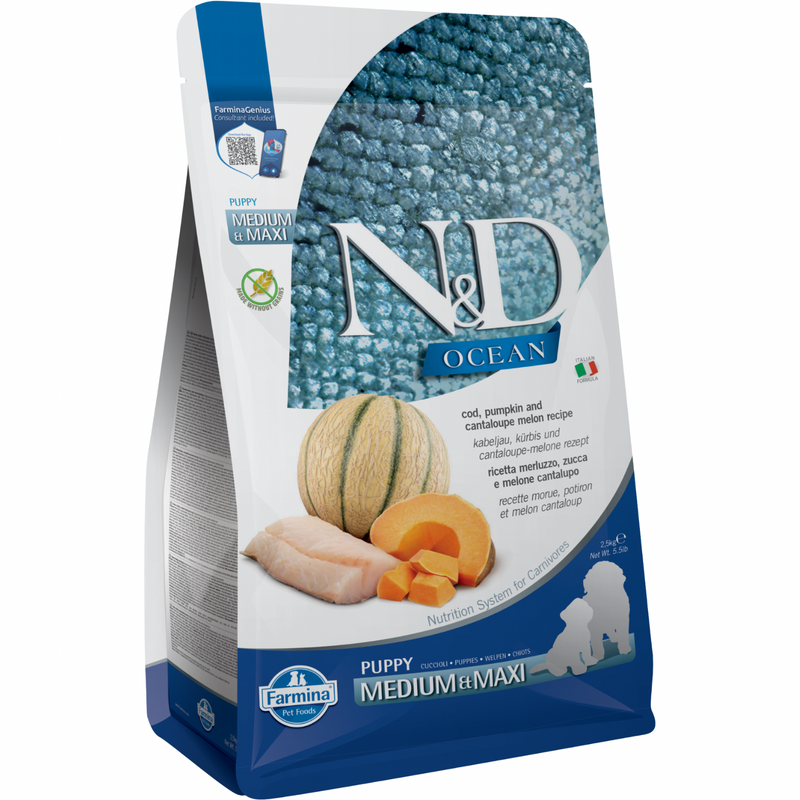 Dry Dog Food - N & D - OCEAN - Cod, Pumpkin & Cantaloupe Melon - Puppy Medium & Maxi