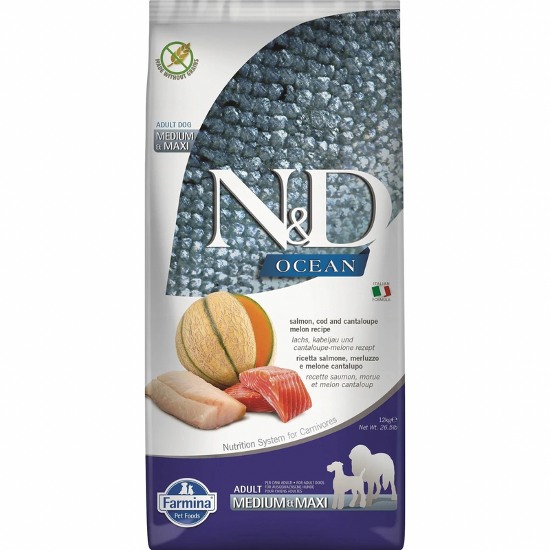 *(Please Use By 2027-01-01)* Dry Dog Food - N & D - OCEAN - Salmon, Cod & Cantaloupe Melon - Adult Medium & Maxi - 26.5 Lb