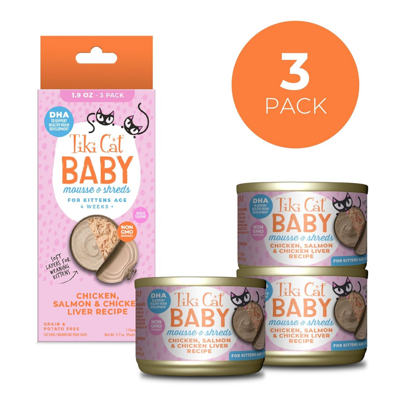 幼猫罐头 - Baby 慕斯 & 肉丝 - 鸡肉三文鱼鸡肝配方 - 1.9盎司三罐装