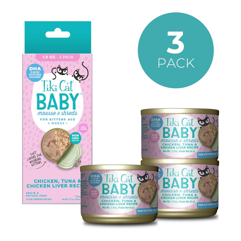 Canned Cat Food - BABY Mousse & Shreds - Chicken, Tuna & Chicken Liver Recipe - Kitten