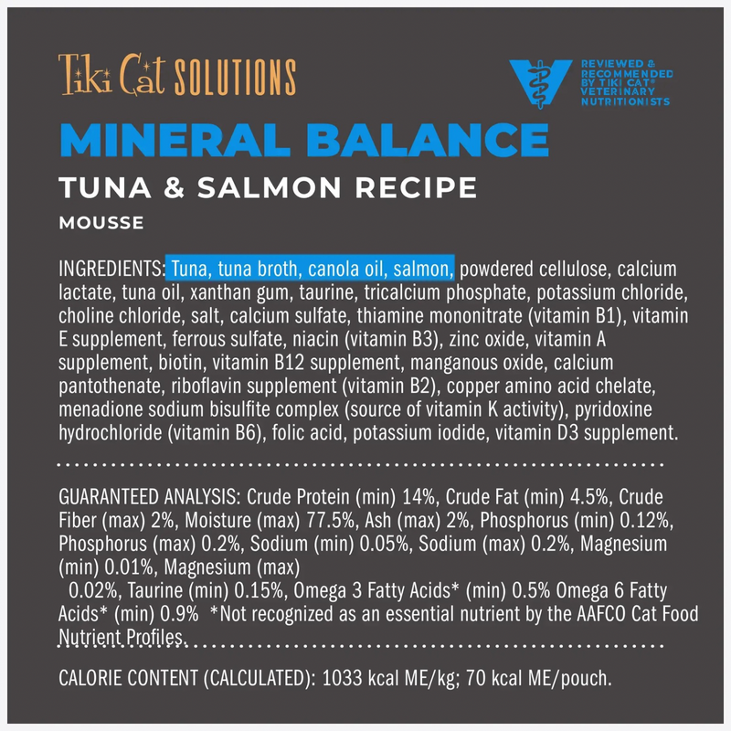 Wet Cat Food - SOLUTIONS MOUSSE - Mineral Balance - Tuna & Salmon Recipe in Broth - Adult
