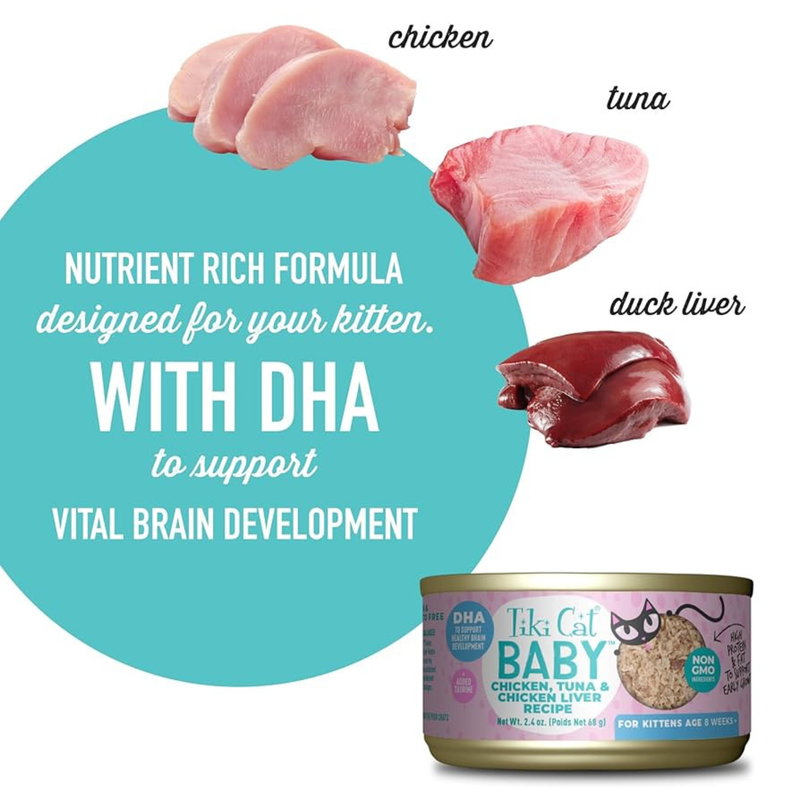 Nourriture pour chats en conserve - Bébé - Recette de poulet, thon et poulet au foie de poulet pour chatons - 2,4 oz
