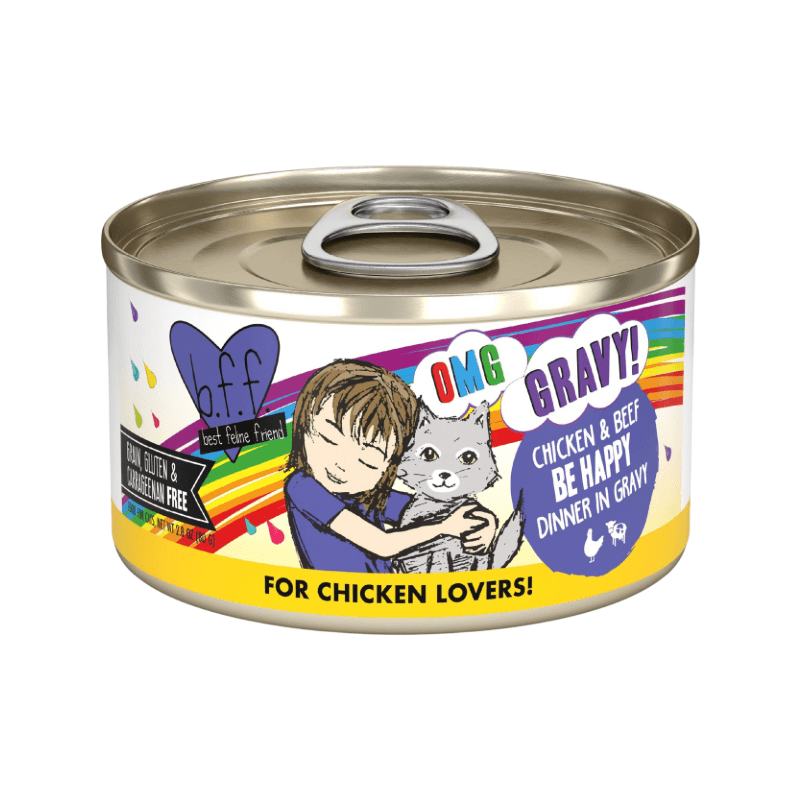 *(Best By 2025-03-30)* Canned Cat Food - BFF OMG - Be Happy - Chicken & Beef Dinner in Gravy - 2.8 oz