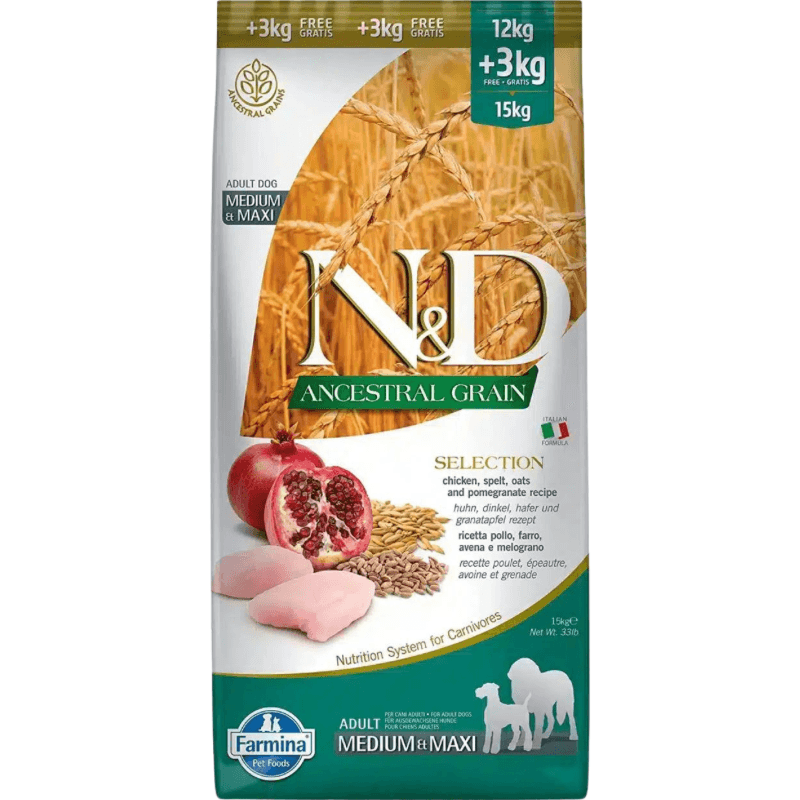 *(Best By 2025-04-24)* Dry Dog Food - N & D - ANCESTRAL GRAIN - SELECTION Chicken & Pomegranate  - Adult Medium & Maxi - 33 lb