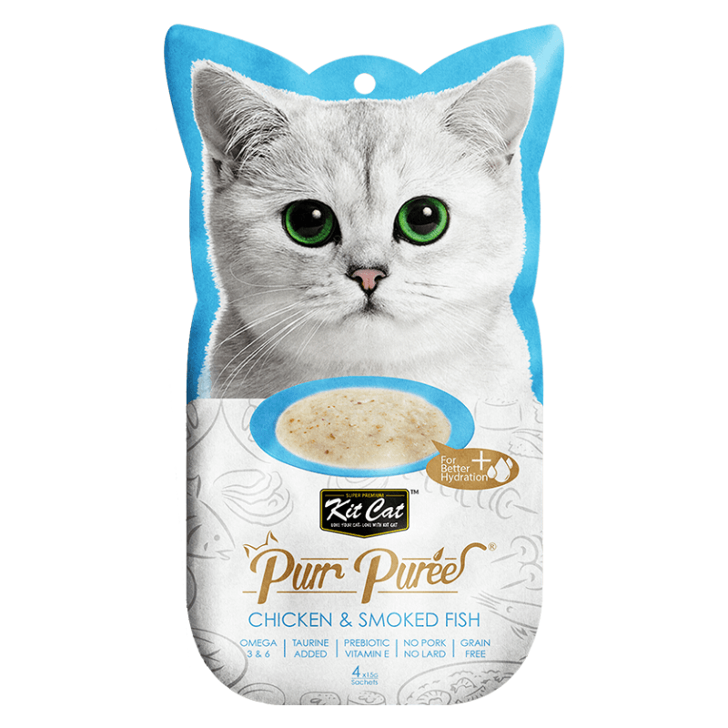 *(Best By 2025-01-06/ 2025-01-07/ 2025-01-10)* Cat Treat - Purr Purée - Chicken & Smoked Fish - 15 g sachet, pack of 4