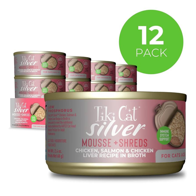 Canned Cat Food - SILVER Mousse + Shreds - Chicken, Salmon & Chicken Liver