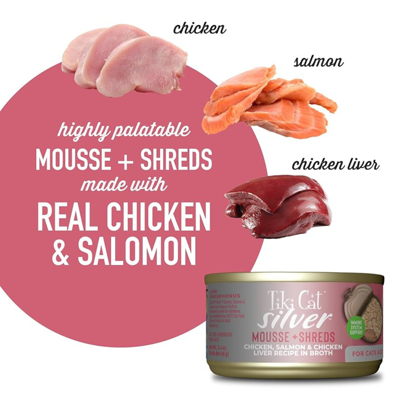 Canned Cat Food - SILVER Mousse + Shreds - Chicken, Salmon & Chicken Liver