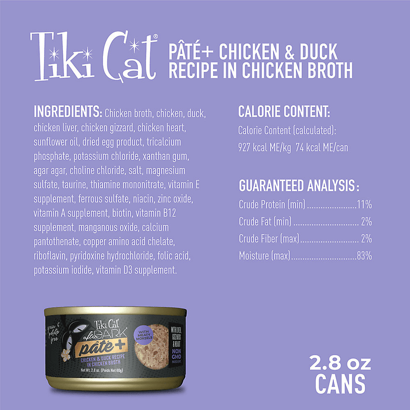 Canned Cat Food - AFTER DARK PATE+, Chicken & Duck Recipe - J & J Pet Club - Tiki Cat