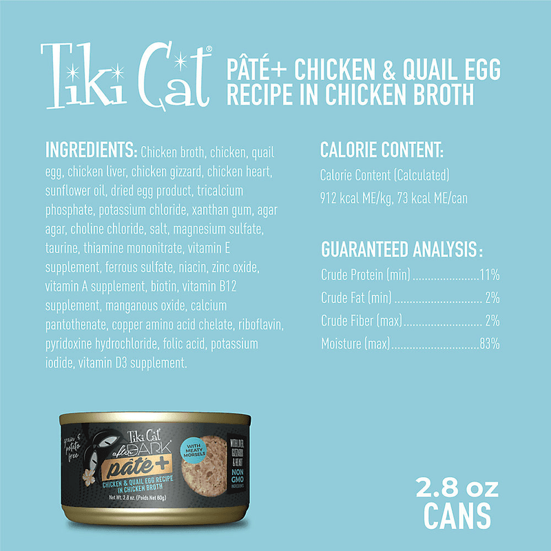 Canned Cat Food - AFTER DARK PATE+, Chicken & Quail Egg Recipe - J & J Pet Club - Tiki Cat