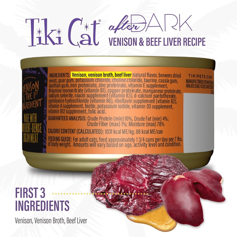 Canned Cat Food - AFTER DARK PATÉ - Venison & Beef Liver Recipe - 3 oz - J & J Pet Club - Tiki Cat