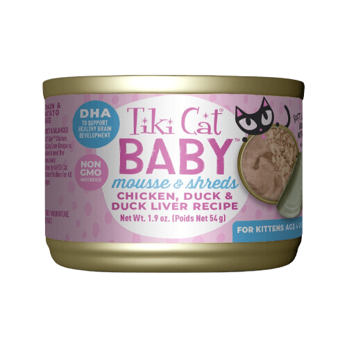 Canned Cat Food - BABY - Mousse & Shreds Chicken, Duck & Duck Liver Recipe For Kittens - 1.9 oz can, case of 3 - J & J Pet Club - Tiki Cat