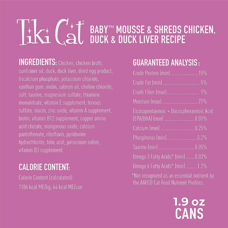 Canned Cat Food - BABY - Mousse & Shreds Chicken, Duck & Duck Liver Recipe For Kittens - 1.9 oz can, case of 3 - J & J Pet Club - Tiki Cat