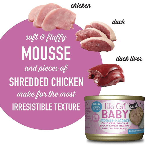 Canned Cat Food - BABY - Mousse & Shreds Chicken, Duck & Duck Liver Recipe For Kittens - 1.9 oz can, case of 3 - J & J Pet Club