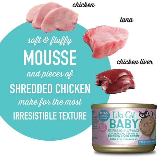 Canned Cat Food - BABY - Mousse & Shreds Chicken, Tuna & Chicken Liver Recipe For Kittens - 1.9 oz can, case of 3 - J & J Pet Club - Tiki Cat