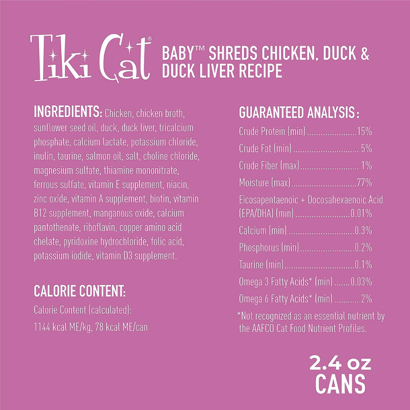 Canned Cat Food - BABY - Whole Foods Chicken, Duck & Duck Liver Recipe For Kittens - 2.4 oz - J & J Pet Club - Tiki Cat