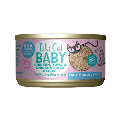 Canned Cat Food - BABY - Whole Foods Chicken, Tuna, & Chicken Liver Recipe For Kittens - 2.4 oz - J & J Pet Club - Tiki Cat