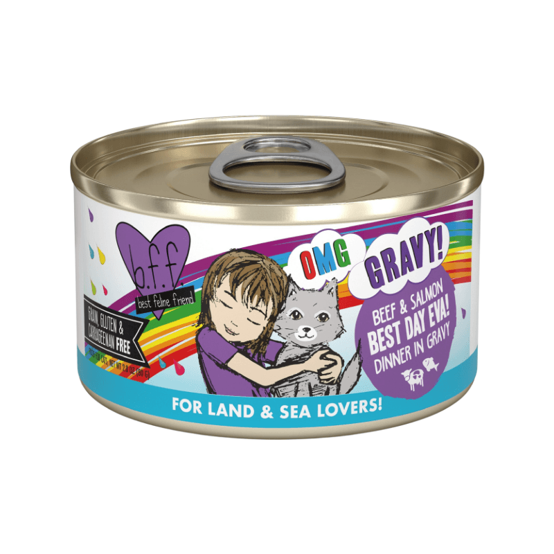 Canned Cat Food - BFF OMG - Best Day Eva! - Beef & Salmon Dinner in Gravy - J & J Pet Club - Weruva