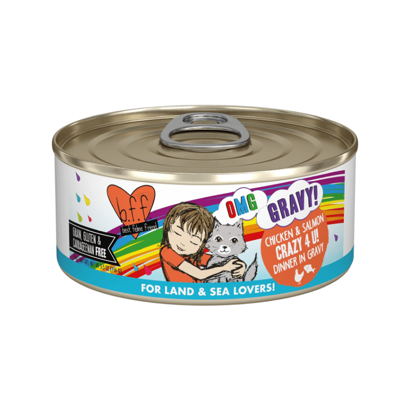 Canned Cat Food - BFF OMG - Crazy 4 U! - Chicken & Salmon Dinner in Gravy - J & J Pet Club - Weruva