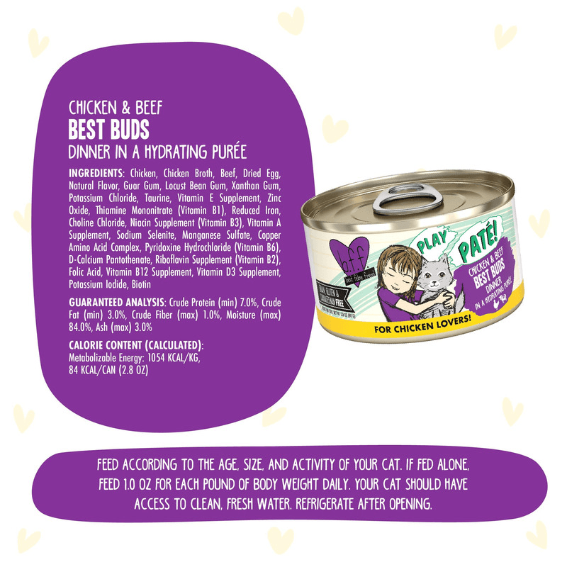 Canned Cat Food - BFF PLAY Paté - Best Buds - Chicken & Beef Dinner in a Hydrating Purée - 2.8 oz - J & J Pet Club - Weruva