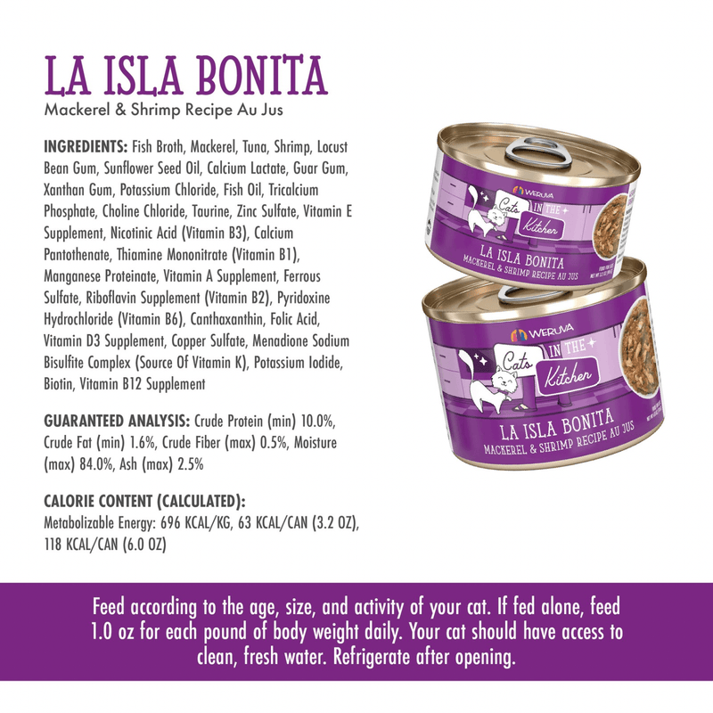 Canned Cat Food - Cats in the Kitchen - La Isla Bonita - Mackerel and Shrimp Recipe Au Jus - J & J Pet Club - Weruva