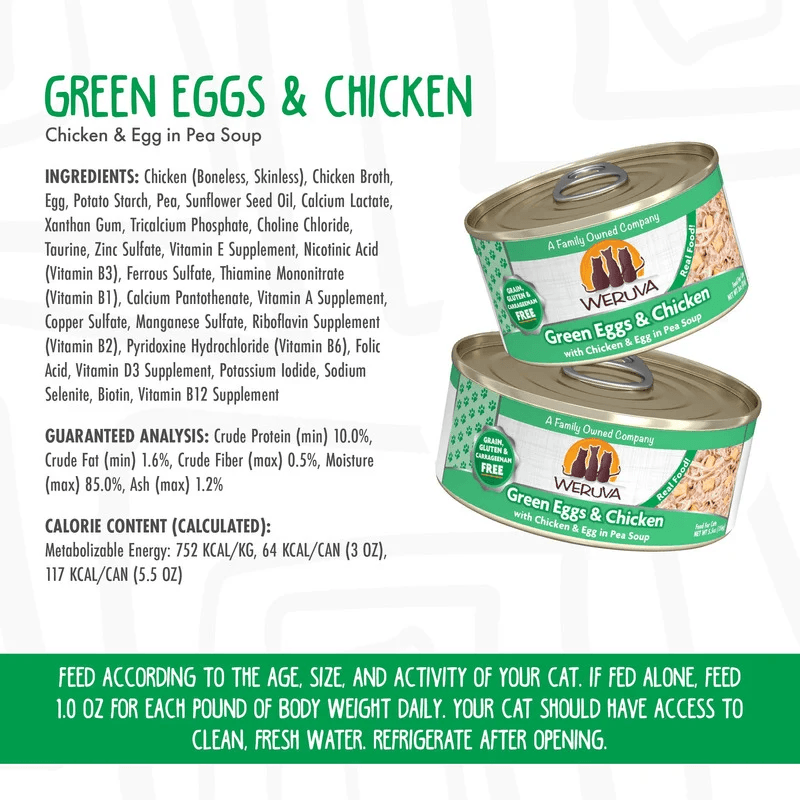 Canned Cat Food - CLASSIC - Green Eggs & Chicken - with Chicken & Egg in Pea Soup - J & J Pet Club - Weruva