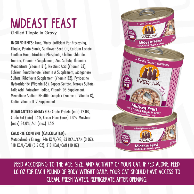 Canned Cat Food - CLASSIC - Mideast Feast - with Grilled Tilapia in Gravy - J & J Pet Club - Weruva