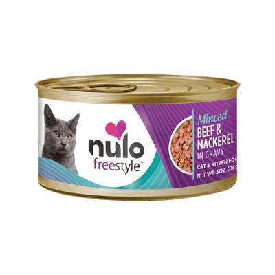 Canned Cat Food - FREESTYLE - Minced Beef & Mackerel Recipe in Gravy - 3 oz - J & J Pet Club - Nulo
