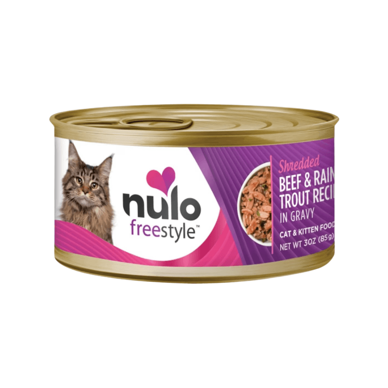 Canned Cat Food - FREESTYLE - Shredded Beef & Rainbow Trout Recipe in Gravy - 3 oz - J & J Pet Club - Nulo