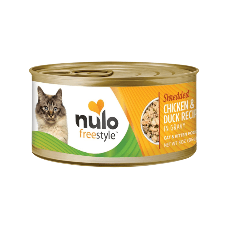 Canned Cat Food - FREESTYLE - Shredded Chicken & Duck Recipe in Gravy - 3 oz - J & J Pet Club - Nulo