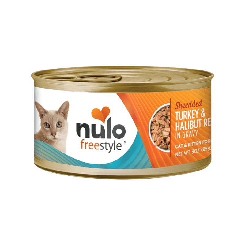 Canned Cat Food - FREESTYLE - Shredded Turkey & Halibut Recipe in Gravy - 3 oz - J & J Pet Club - Nulo