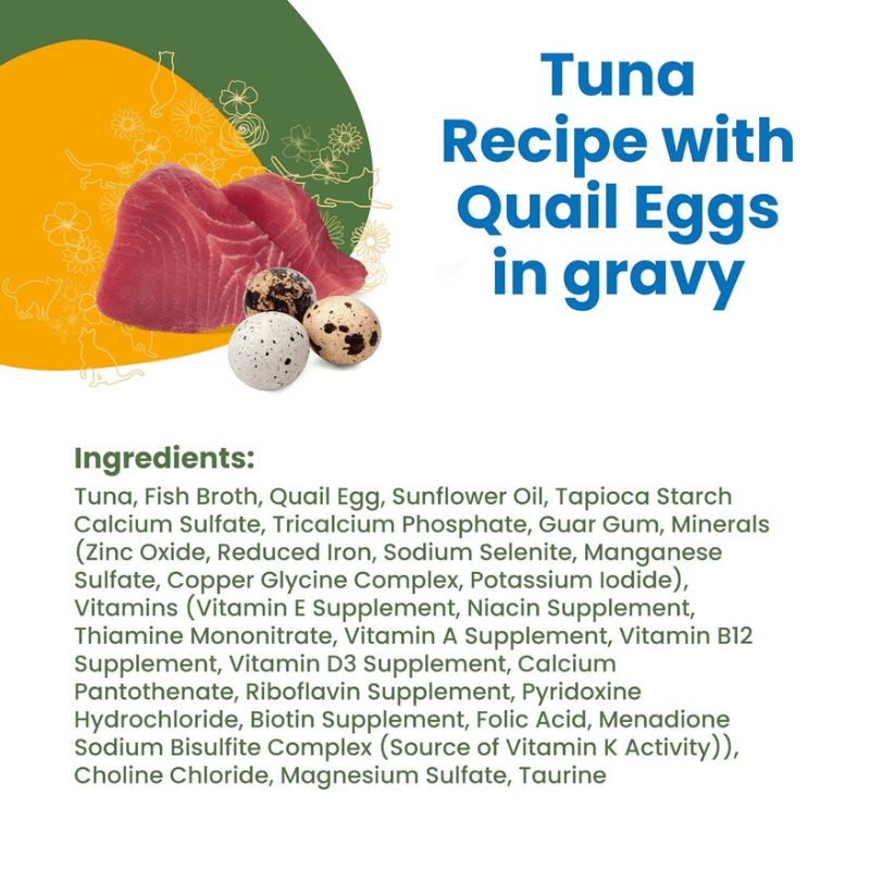 Canned Cat Food - HQS COMPLETE - Tuna Recipe with Quail Eggs in Gravy - Adult - 2.47 oz - J & J Pet Club - Almo Nature