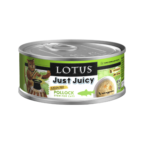 Canned Cat Food - JUST JUICY - Grain Free Pollock Stew - 5.3 oz - J & J Pet Club - Lotus